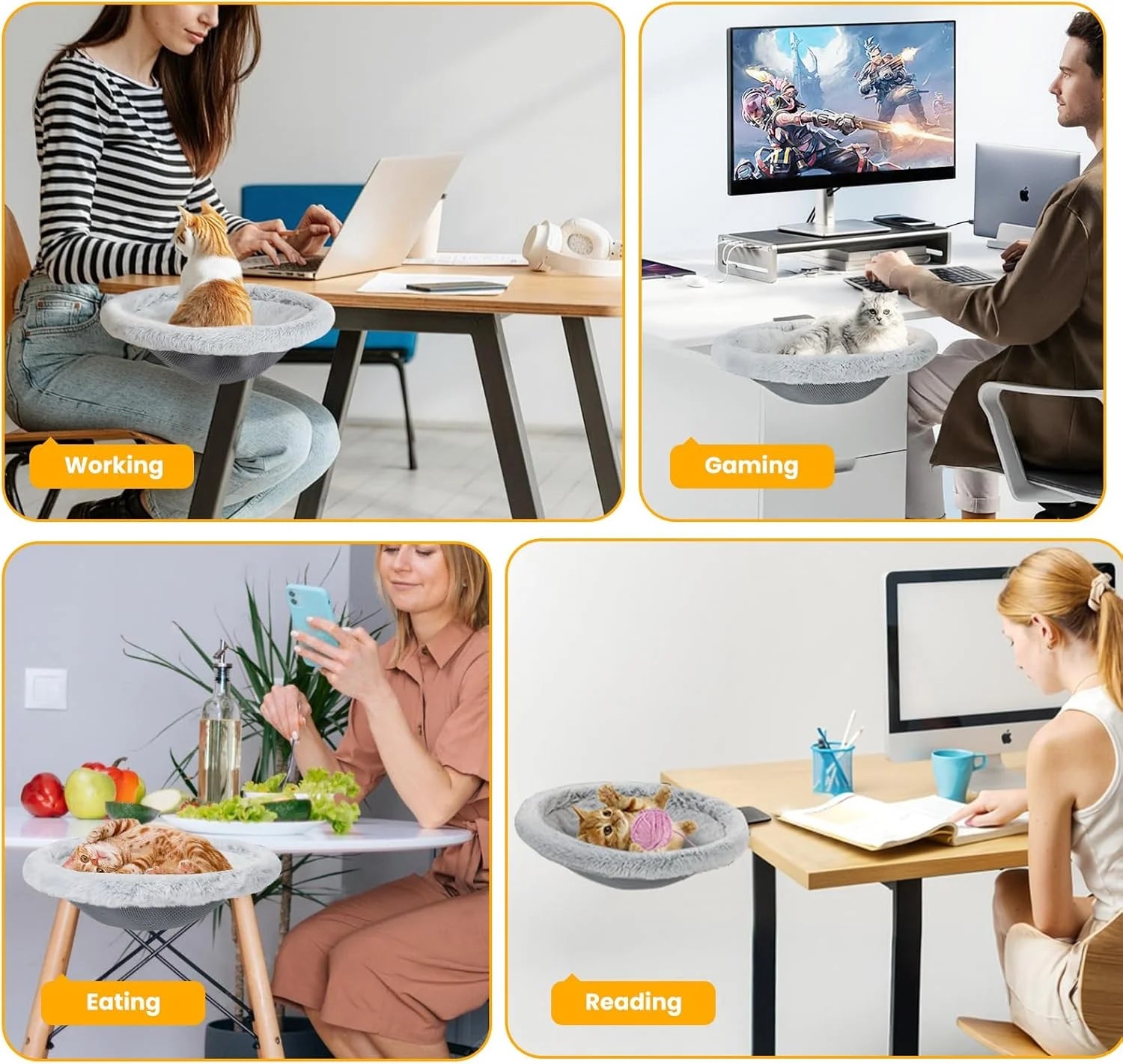 40LB Foldable Cat Desk Hammock Bed – Plush Sunken Clamp-On Perch for Cozy Workday Companionship