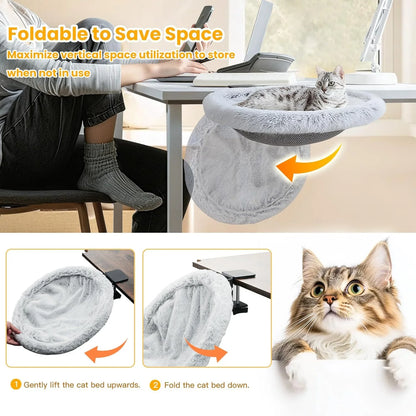 40LB Foldable Cat Desk Hammock Bed – Plush Sunken Clamp-On Perch for Cozy Workday Companionship