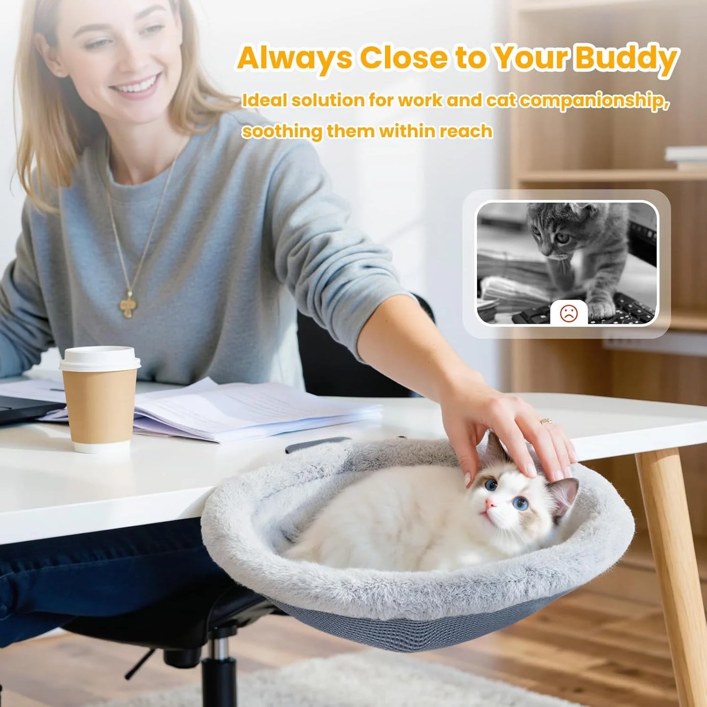 40LB Foldable Cat Desk Hammock Bed – Plush Sunken Clamp-On Perch for Cozy Workday Companionship