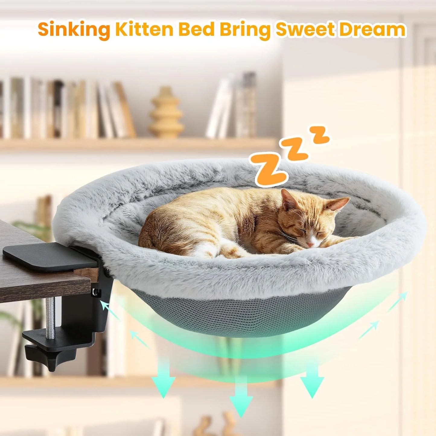 40LB Foldable Cat Desk Hammock Bed – Plush Sunken Clamp-On Perch for Cozy Workday Companionship