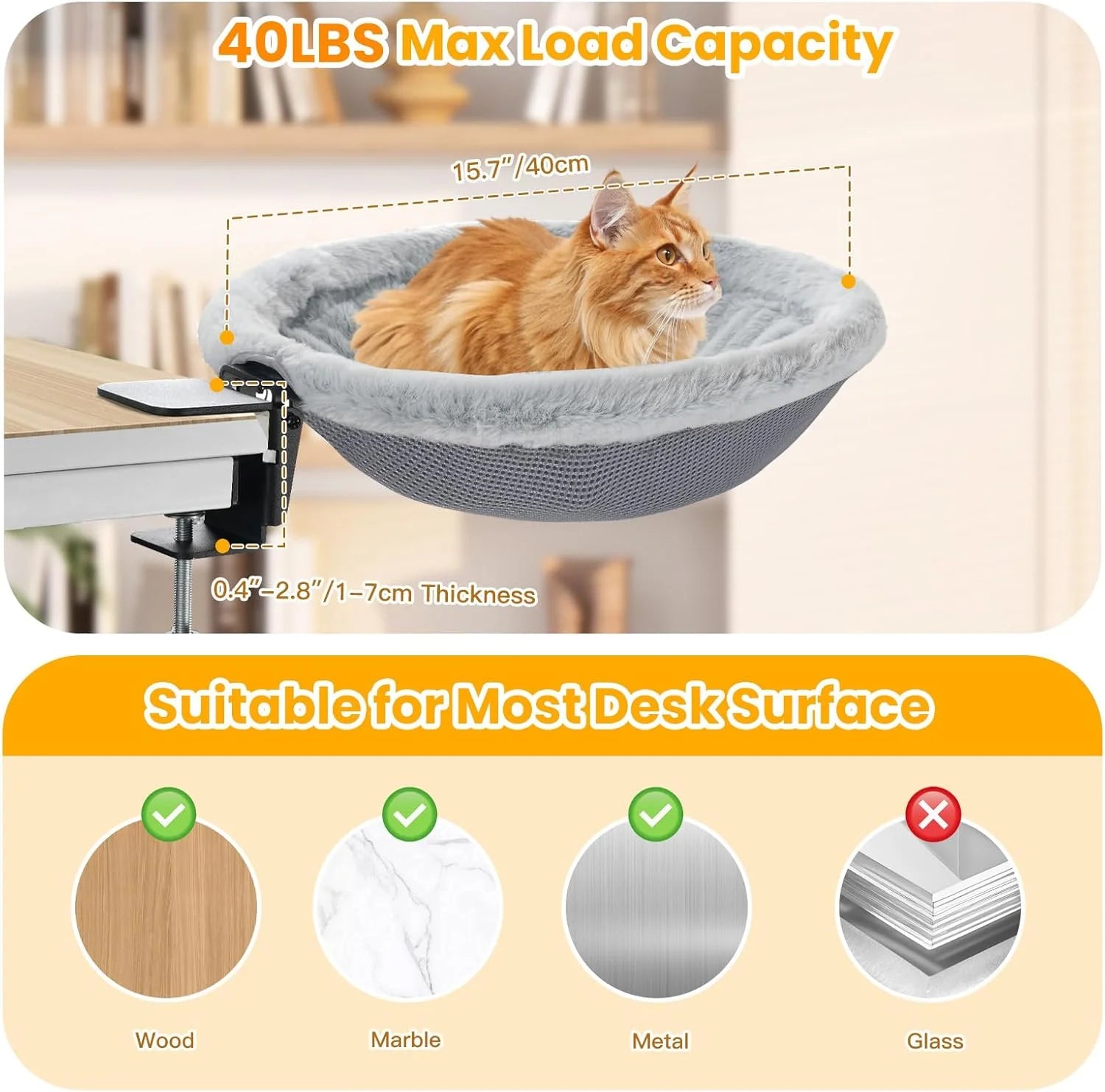40LB Foldable Cat Desk Hammock Bed – Plush Sunken Clamp-On Perch for Cozy Workday Companionship