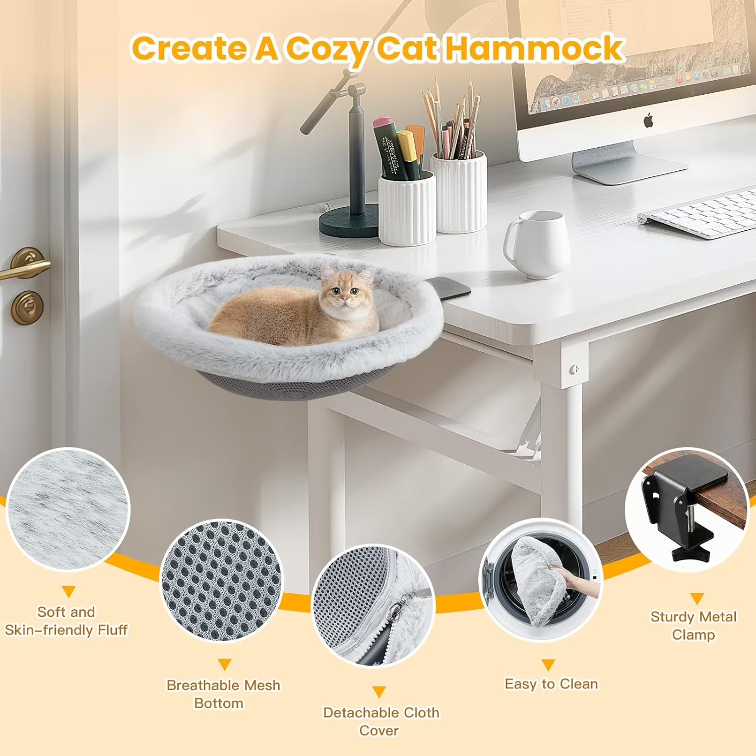 40LB Foldable Cat Desk Hammock Bed – Plush Sunken Clamp-On Perch for Cozy Workday Companionship